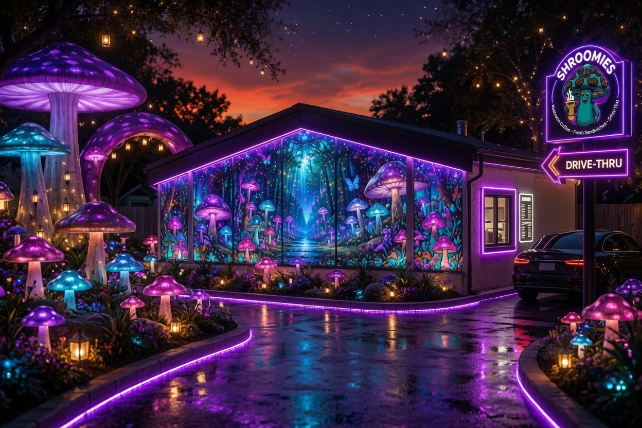 Shroomies drive-thru at night โ glowing mushroom mural and neon-lit building